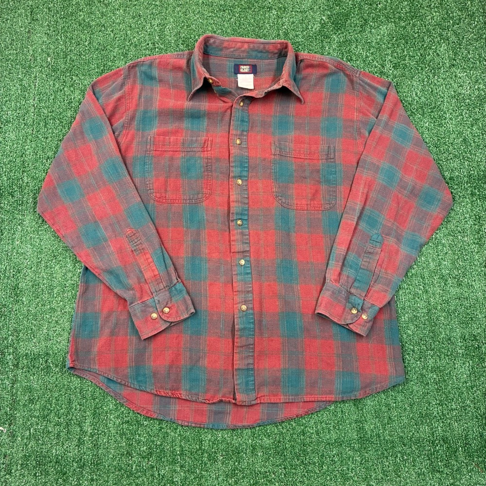Vintage Red Green Plaid Flannel Faded Glory Button-Up‎ Longsleeve Shirt